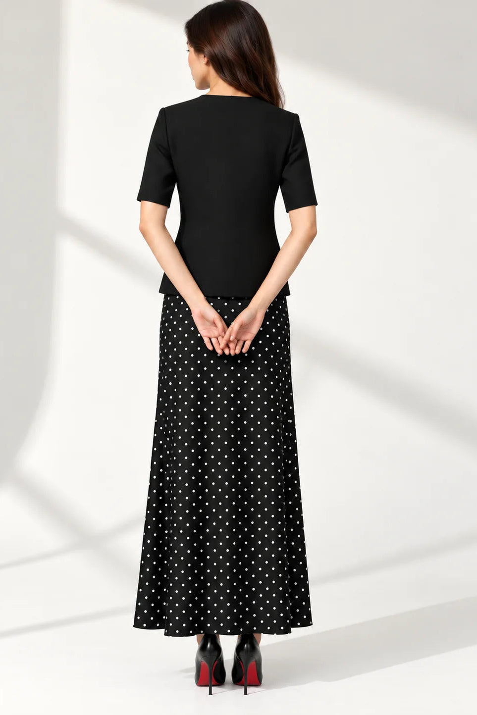 Selóra Satin Maxi Skirt for Women- Black Polka Dot
