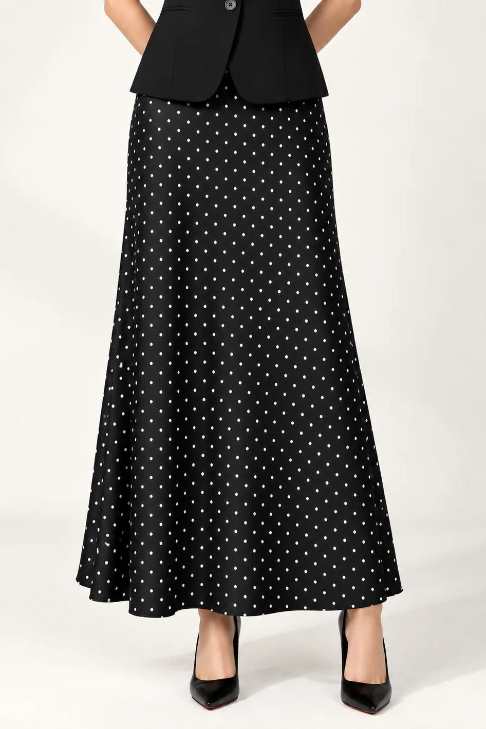 Selóra Satin Maxi Skirt for Women- Black Polka Dot
