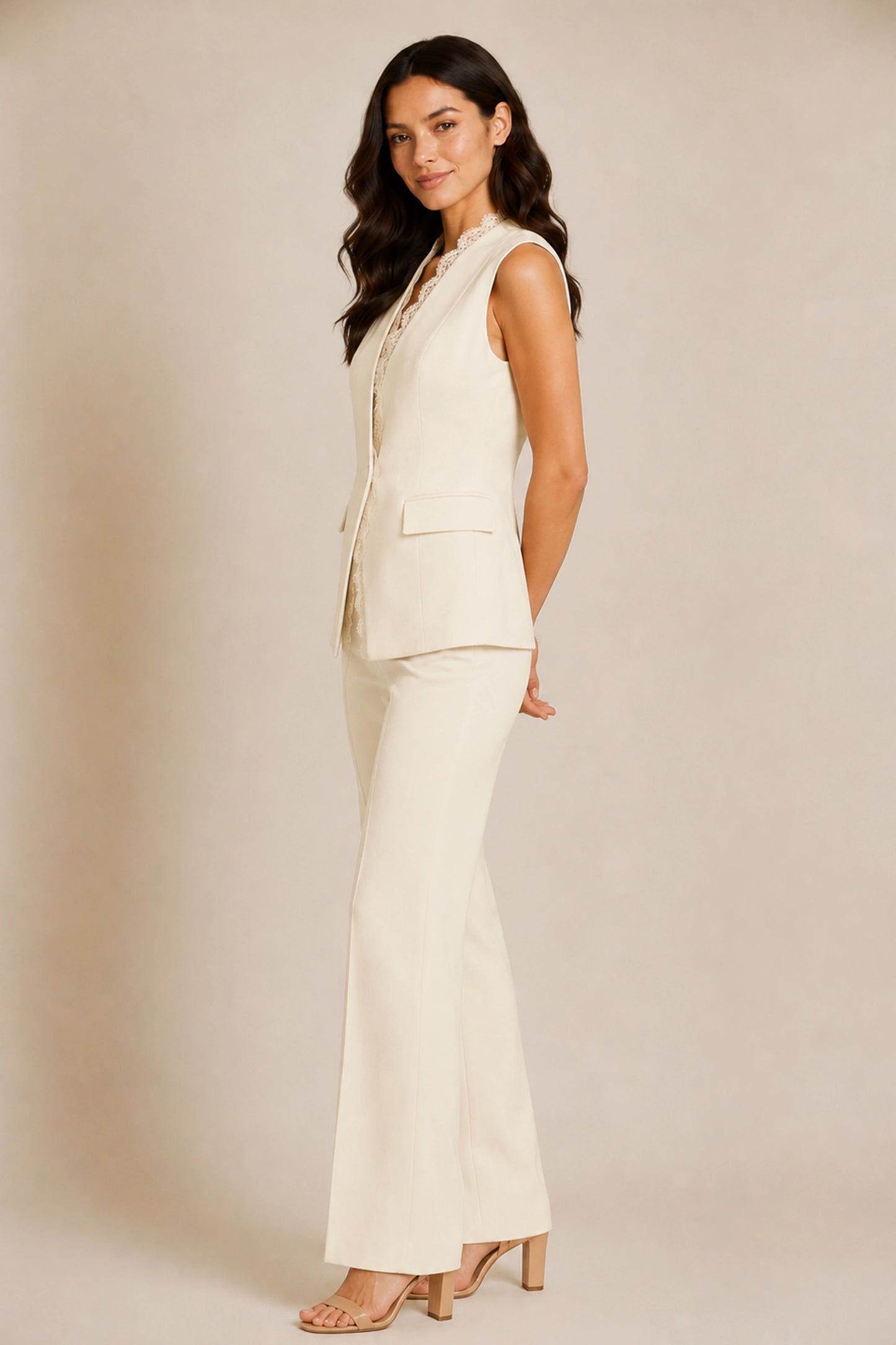 Ivory Lace Detail V- Neck Waistcoat