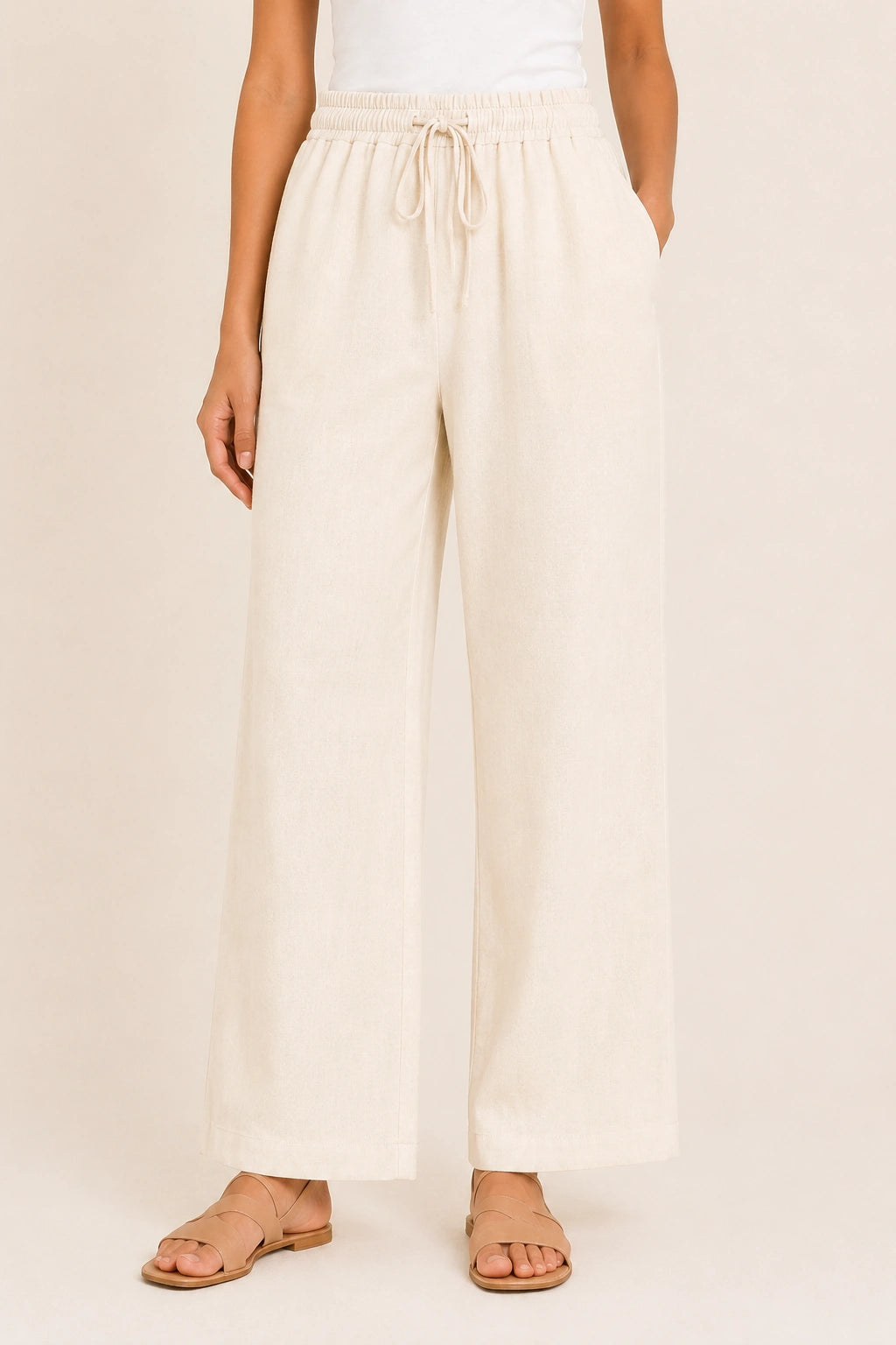 White Straight-Leg Drawstring Trousers