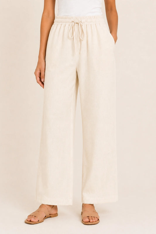 White Straight-Leg Drawstring Trousers