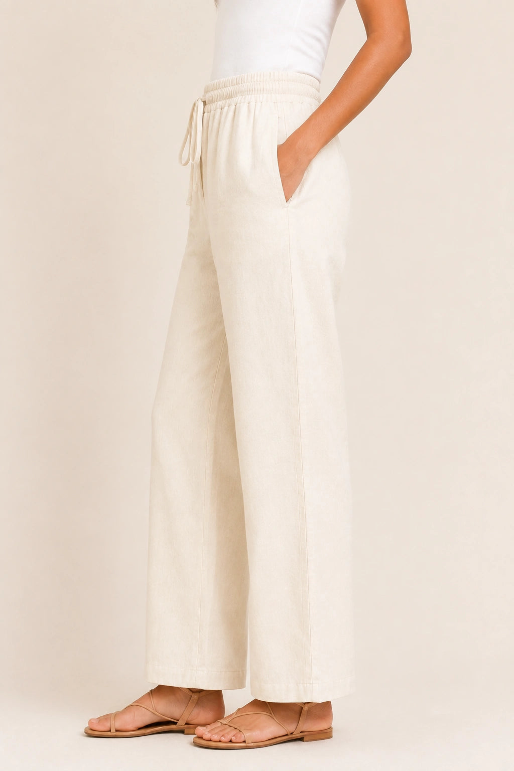 White Straight-Leg Drawstring Trousers