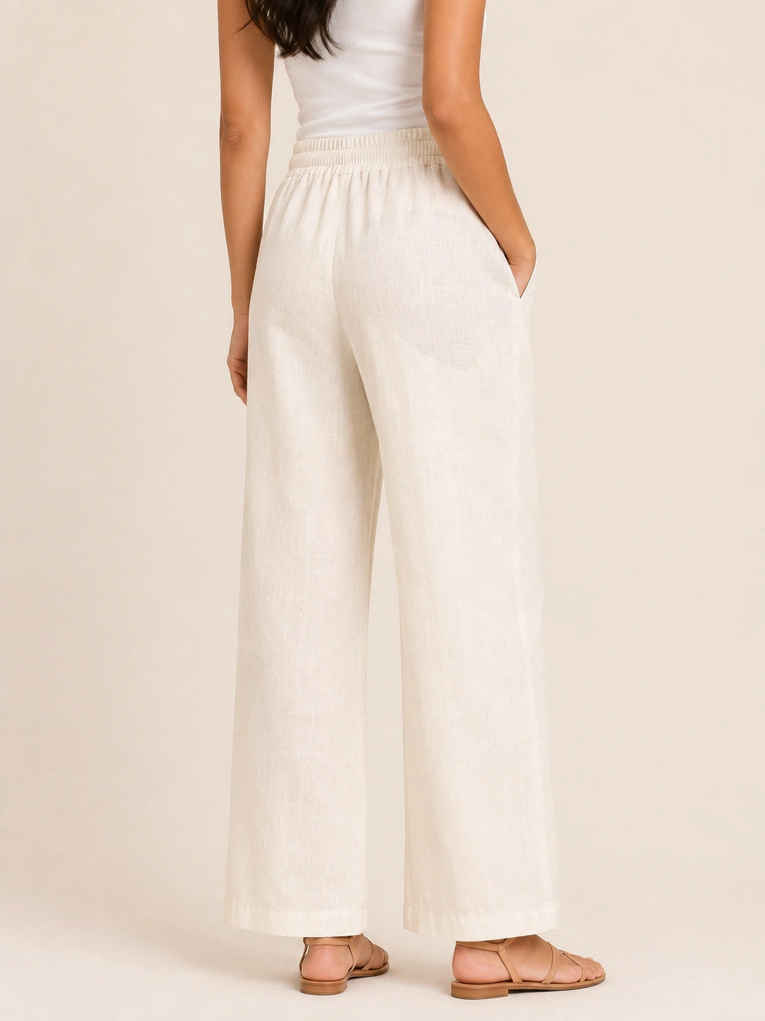 White Straight-Leg Drawstring Trousers