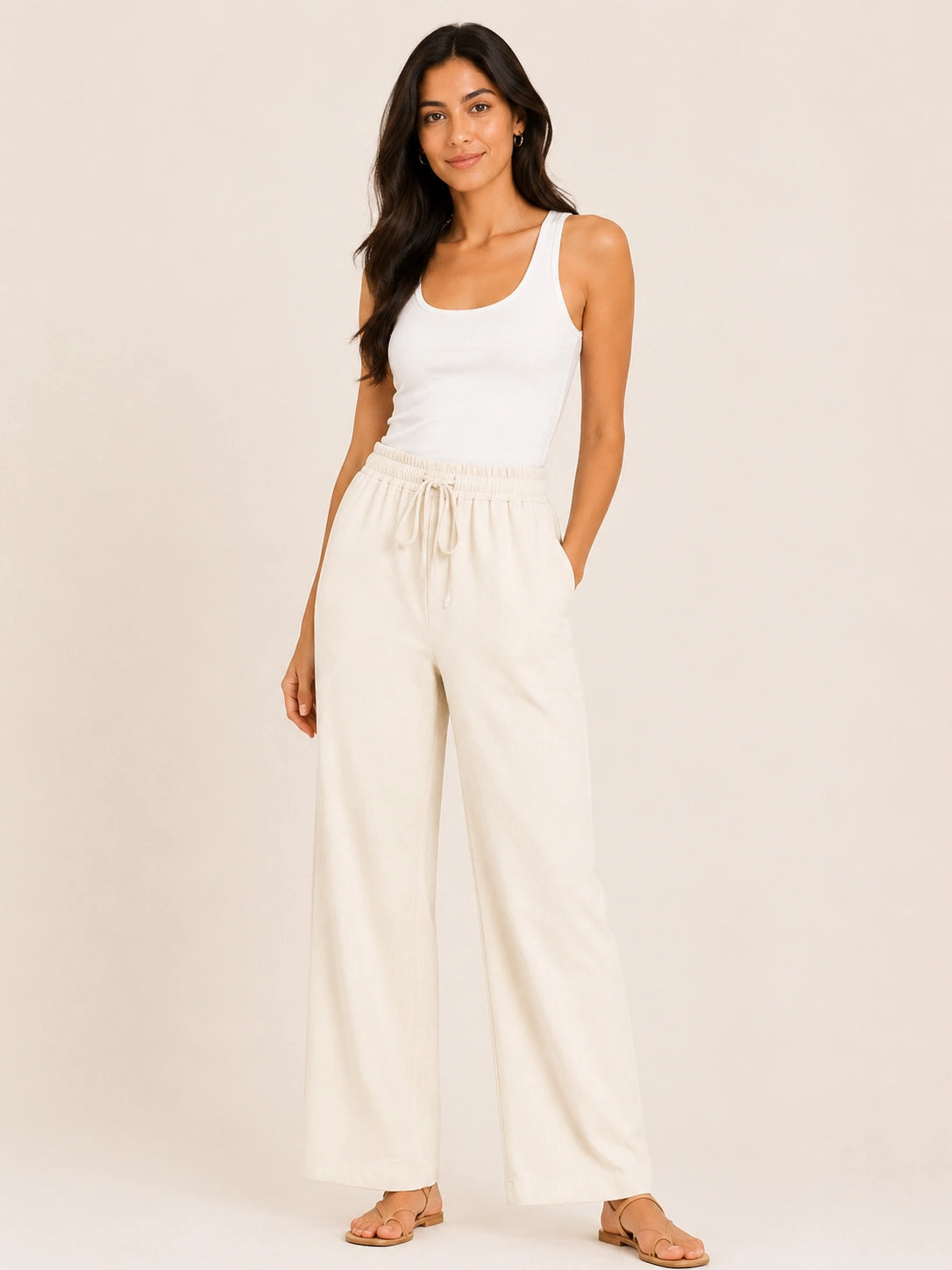 White Straight-Leg Drawstring Trousers