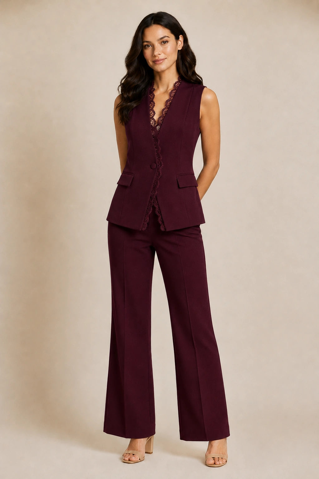 Wine Lace Detail V- Neck Waistcoat
