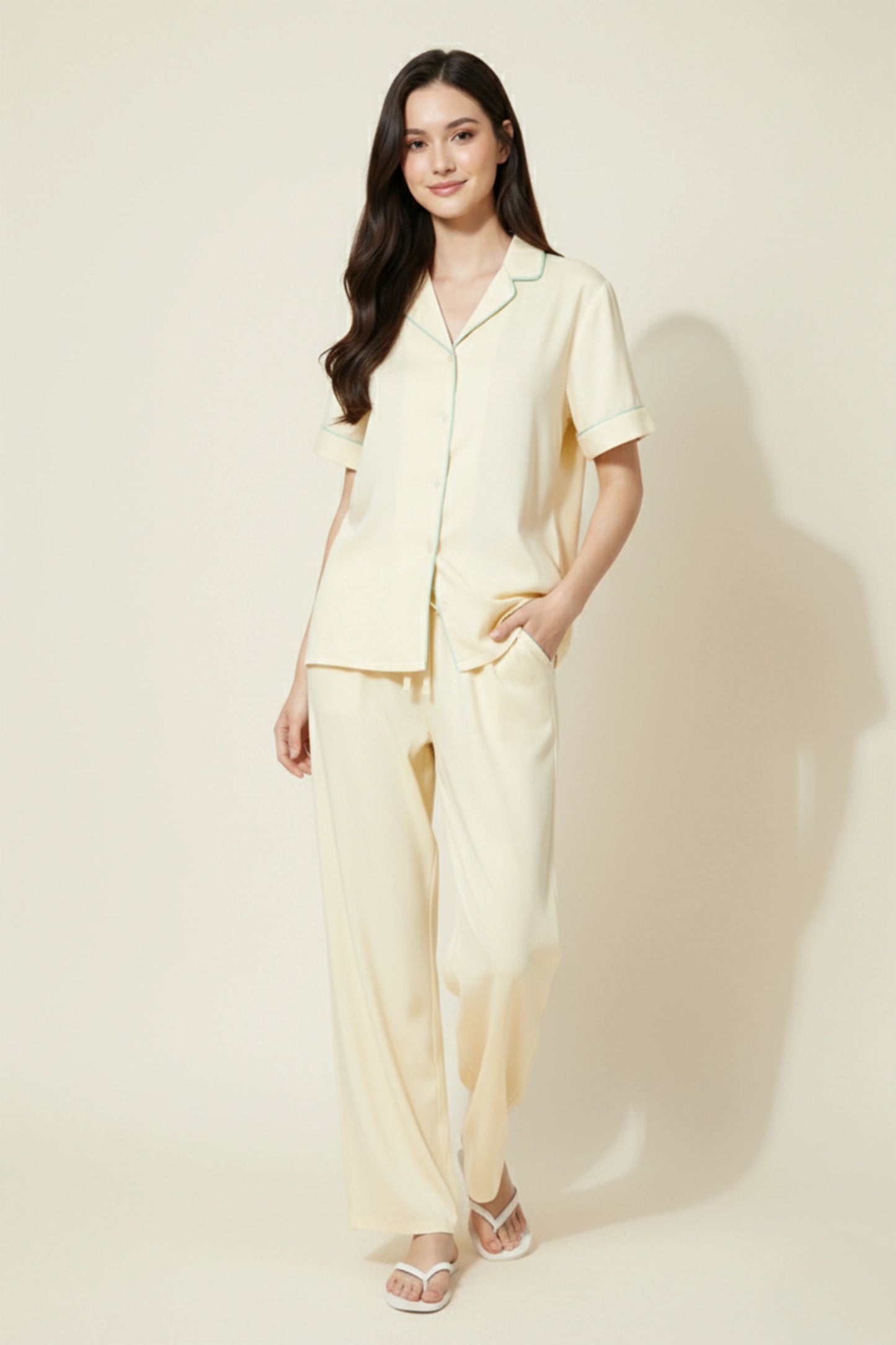Yellow Cotton Night Suit for Women with Contrast Piping - Half Sleeve