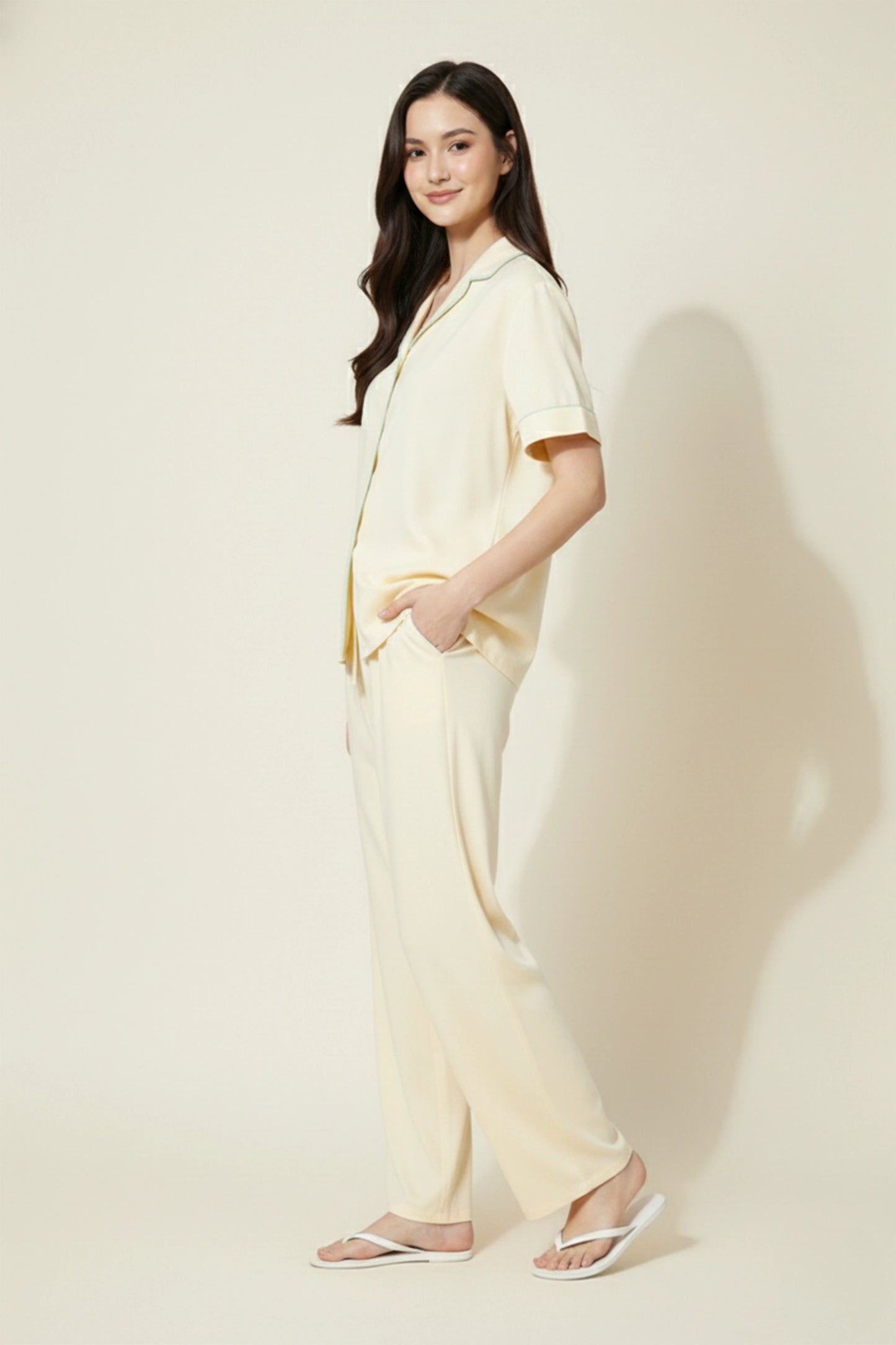 Yellow Cotton Night Suit for Women with Contrast Piping - Half Sleeve