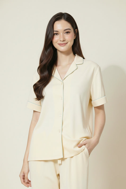 Yellow Cotton Night Suit for Women with Contrast Piping - Half Sleeve