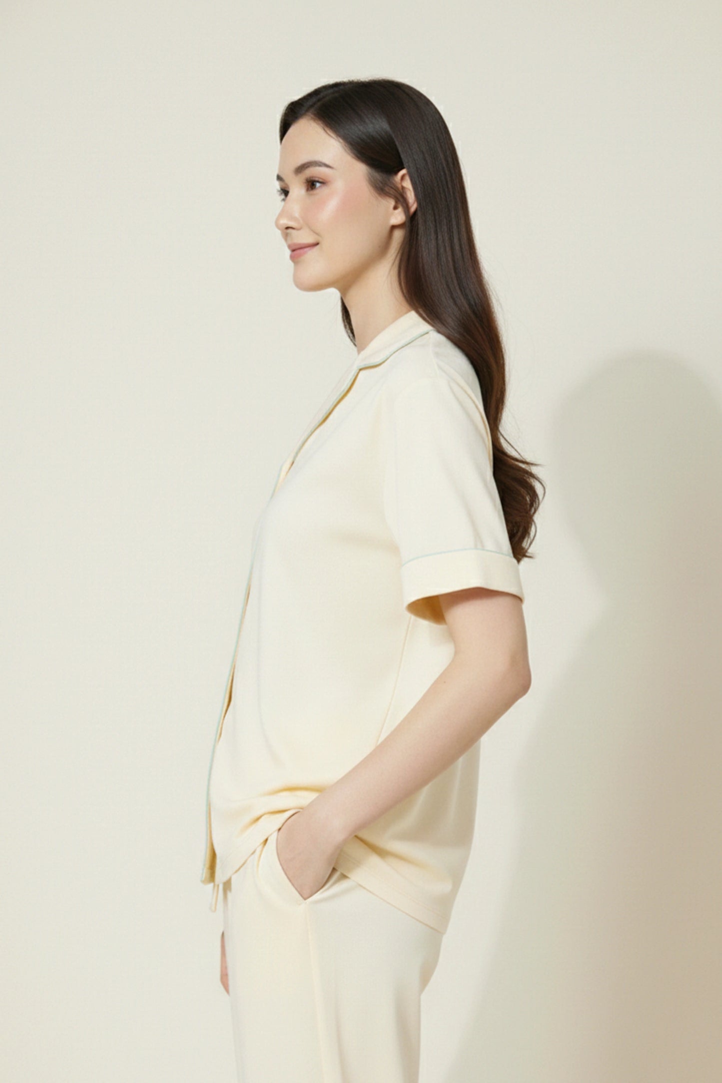 Yellow Cotton Night Suit for Women with Contrast Piping - Half Sleeve