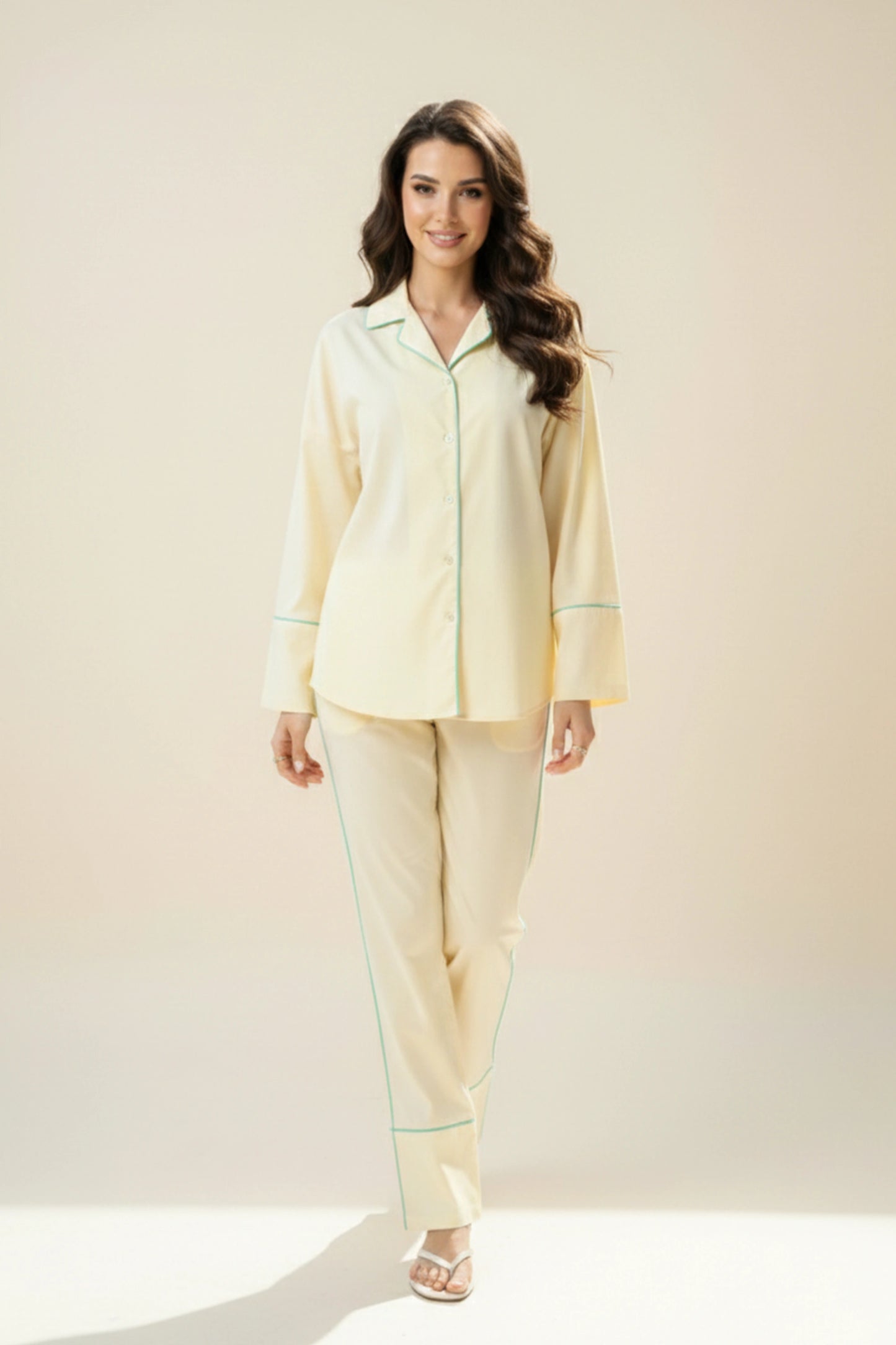 Pastel Yellow Cotton Night Suit with Contrast Piping