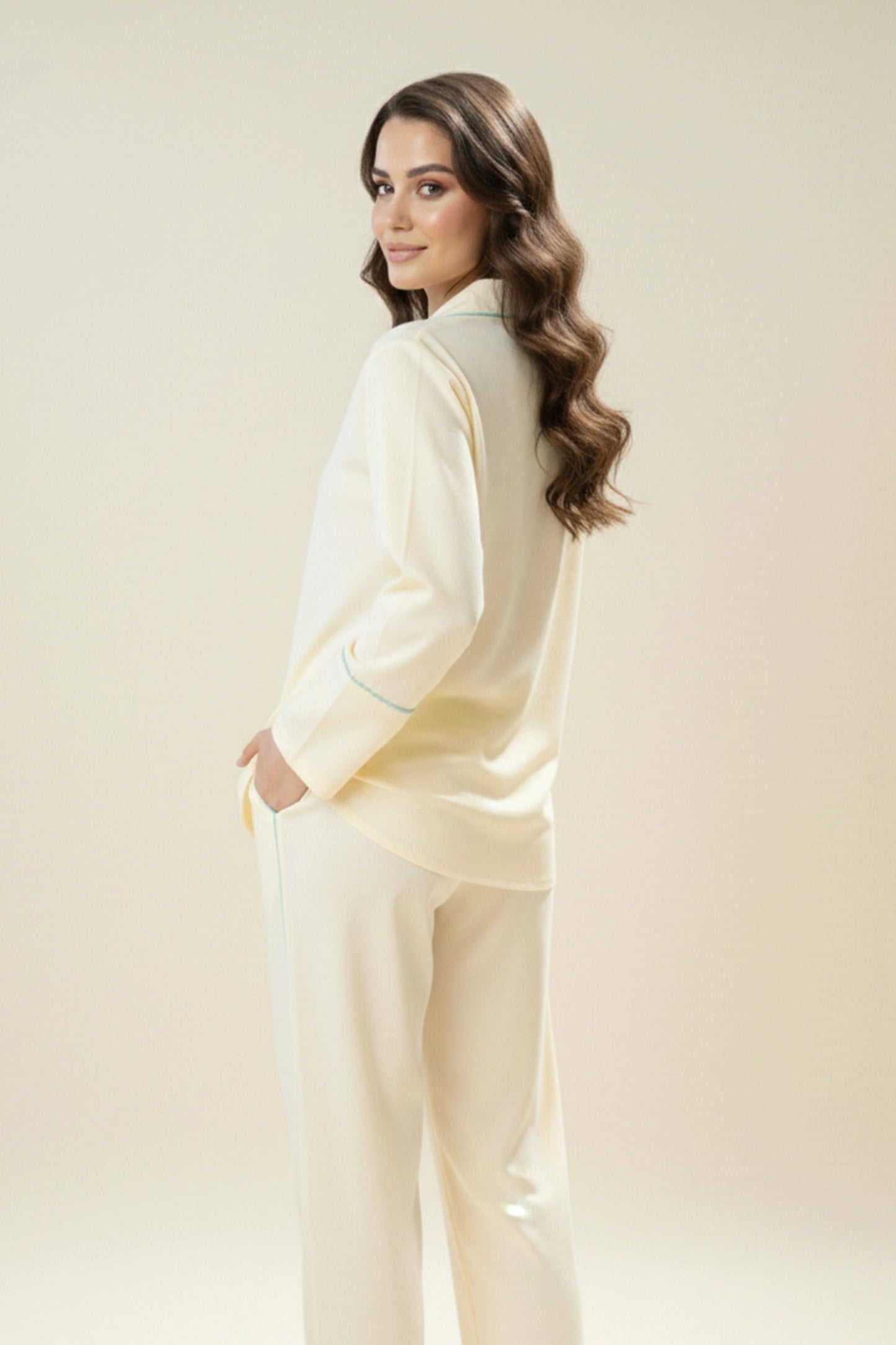 Pastel Yellow Cotton Night Suit with Contrast Piping