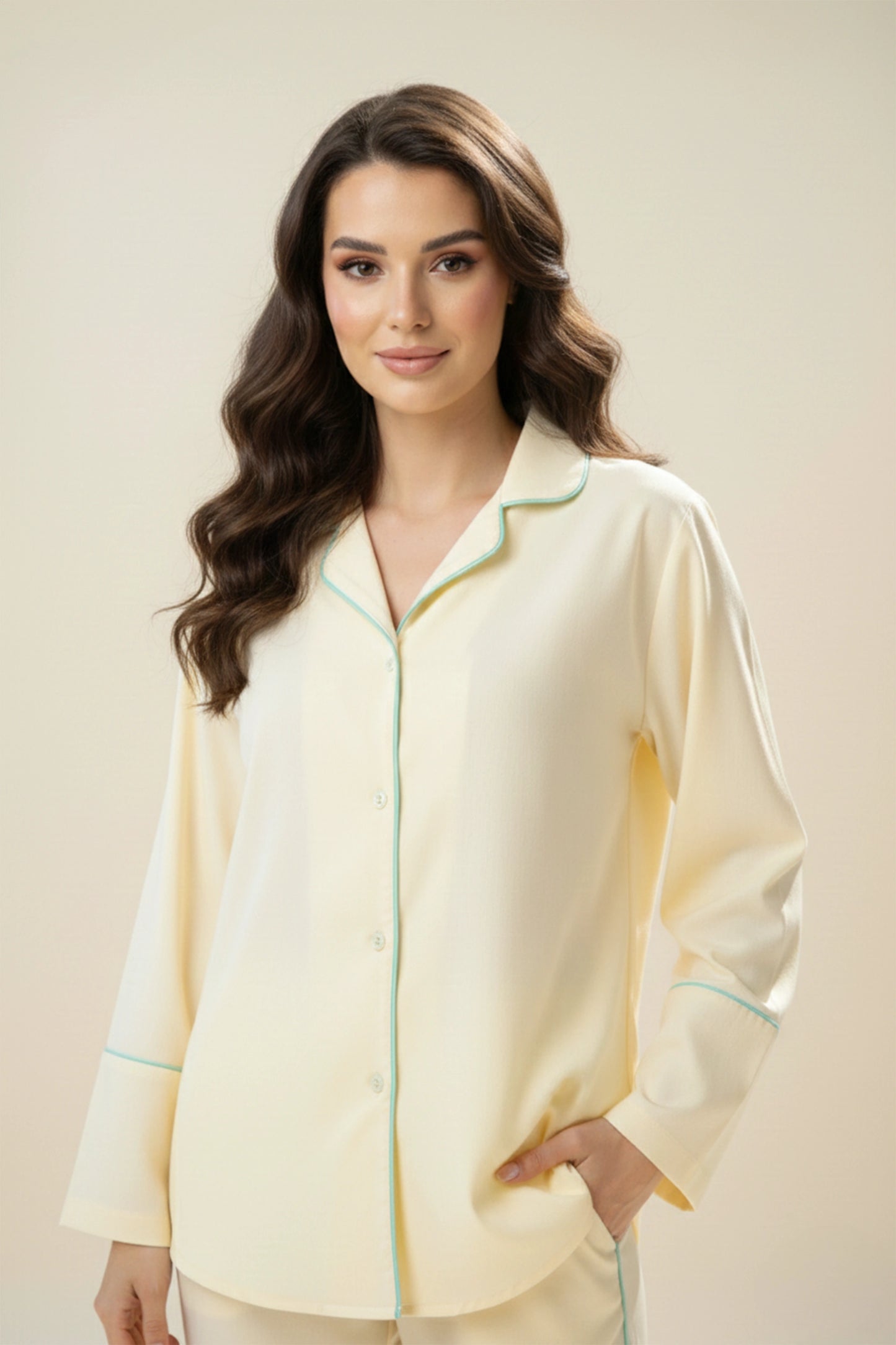 Pastel Yellow Cotton Night Suit with Contrast Piping