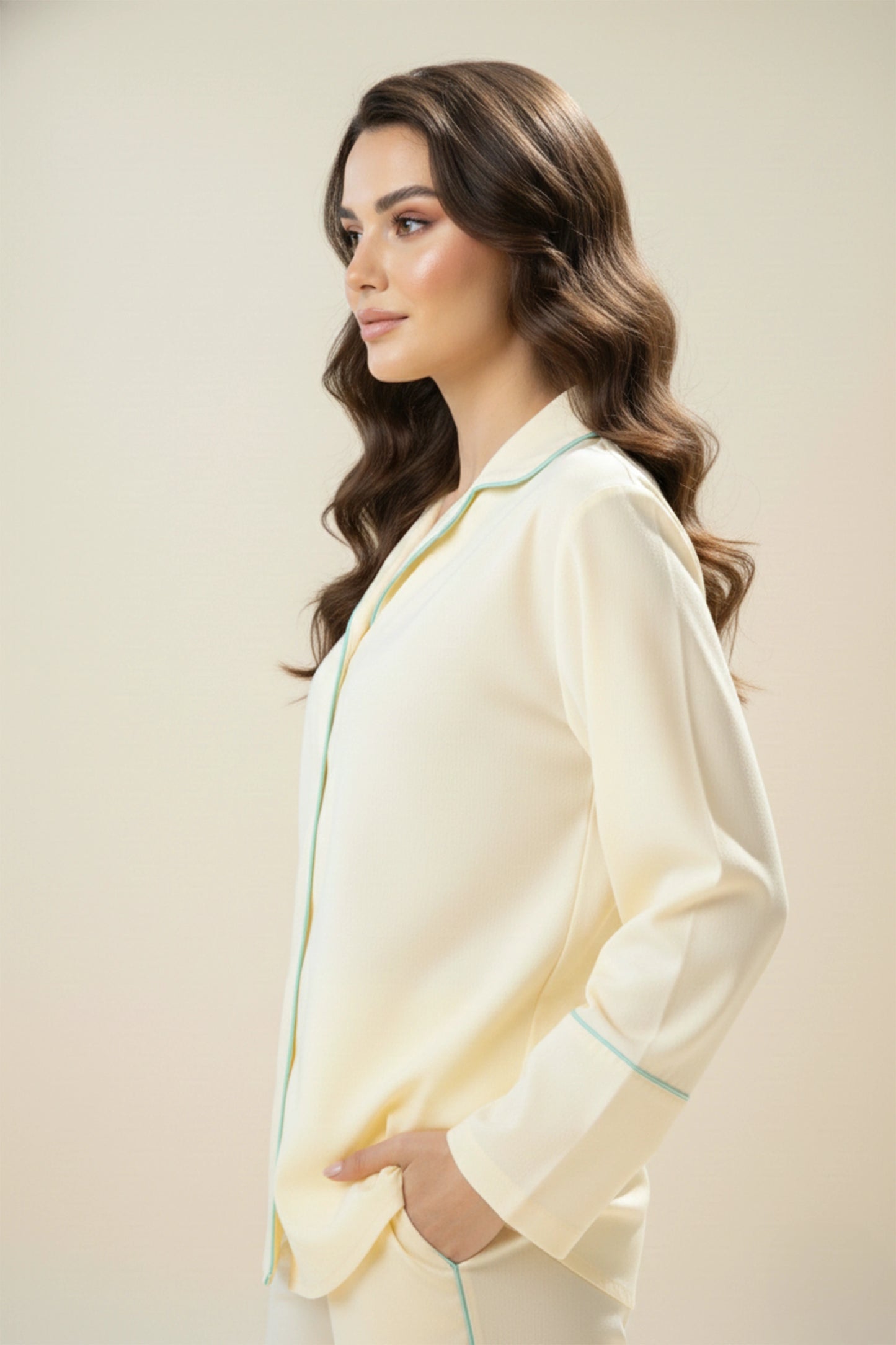 Pastel Yellow Cotton Night Suit with Contrast Piping