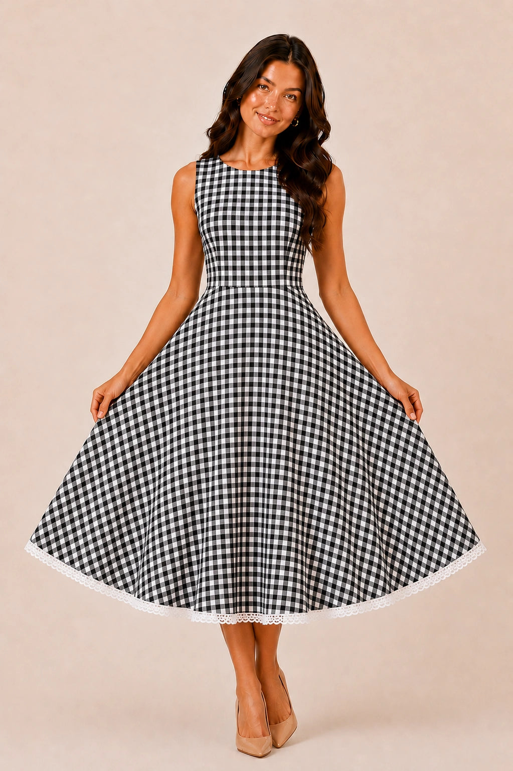 Verona Gingham Midi Dress with Lace Detailing