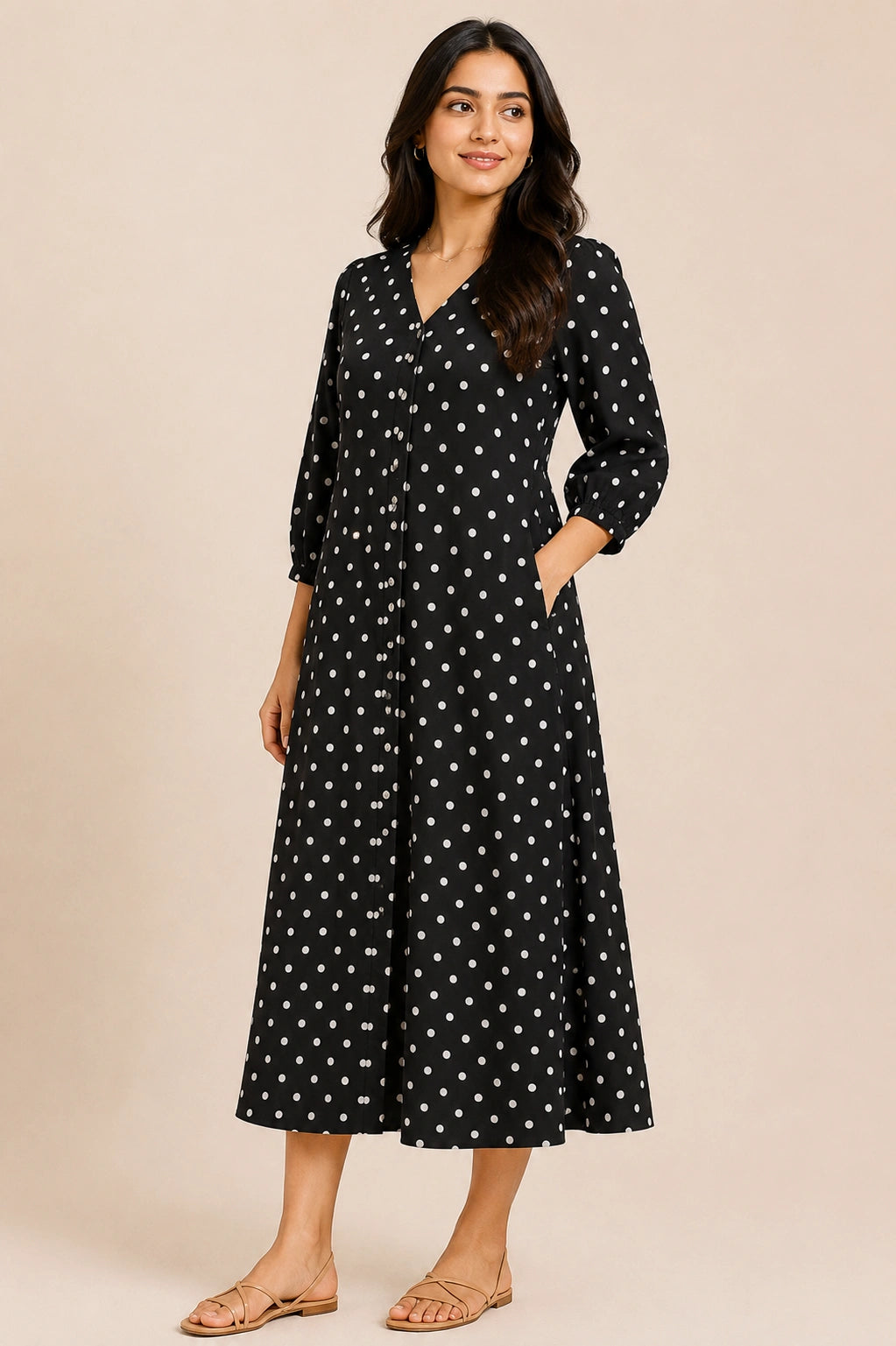 Onyx V-Neck Button-Down Midi Dress
