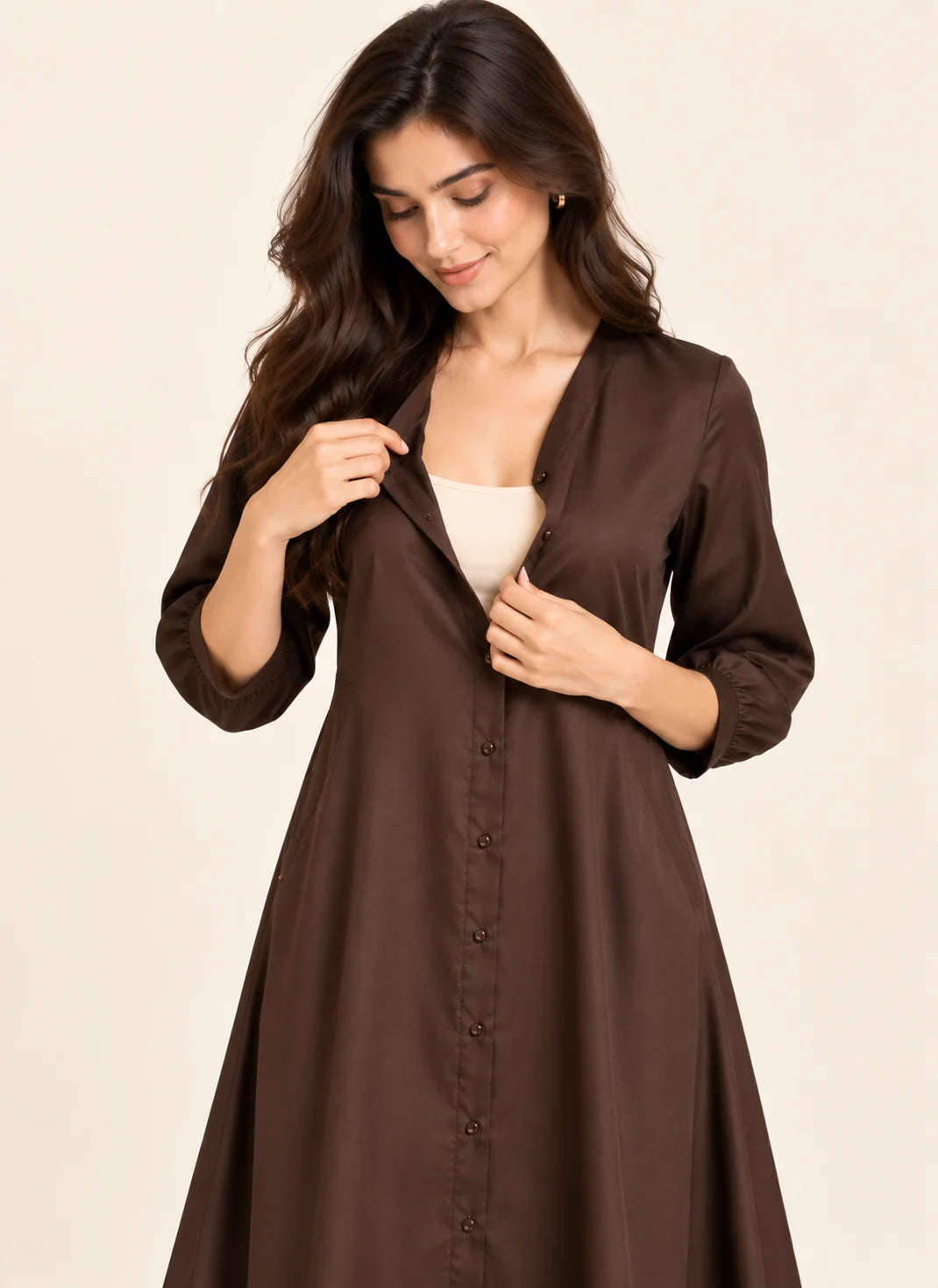 Brown Button Down A-Line Midi Dress with Pockets