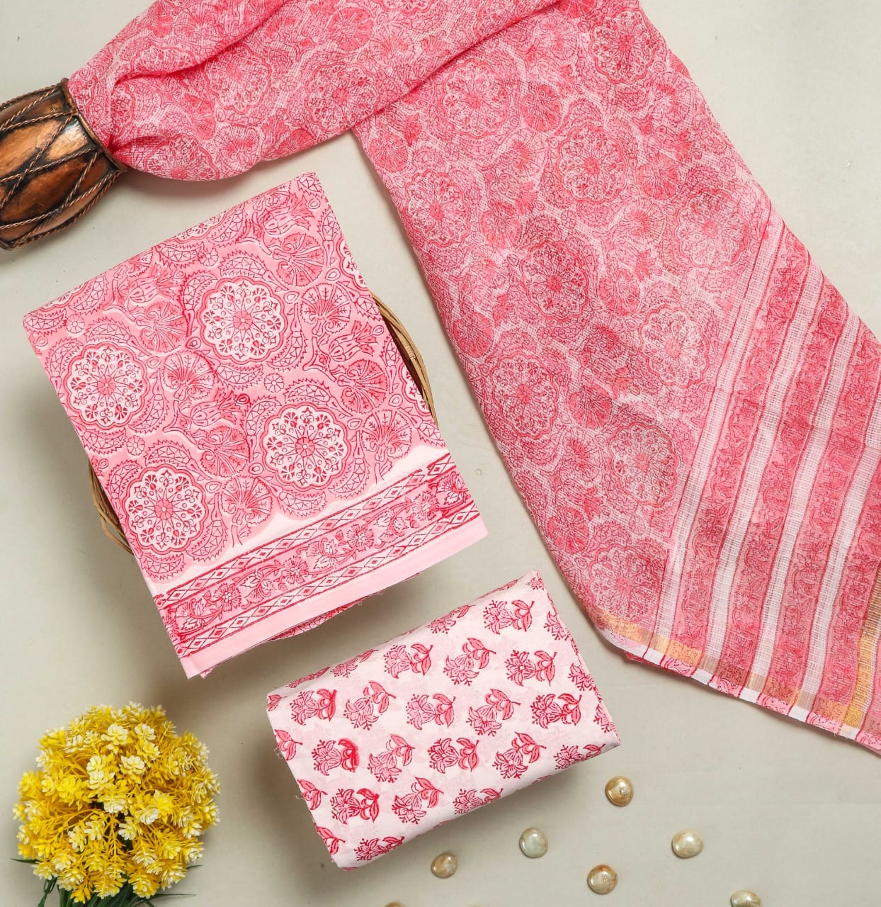 COTTON HANDBLOCK PRINTED UNSTITCHED SUIT SET - 3 PIECE