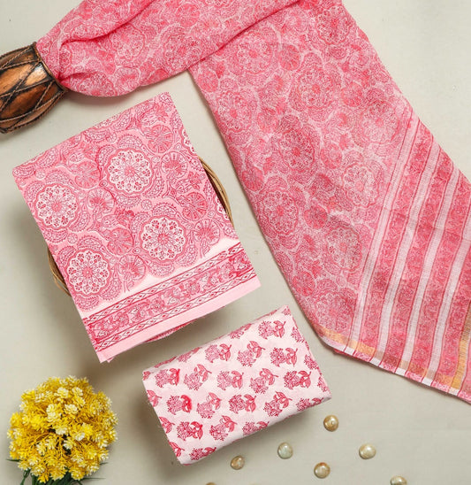 COTTON HANDBLOCK PRINTED UNSTITCHED SUIT SET - 3 PIECE