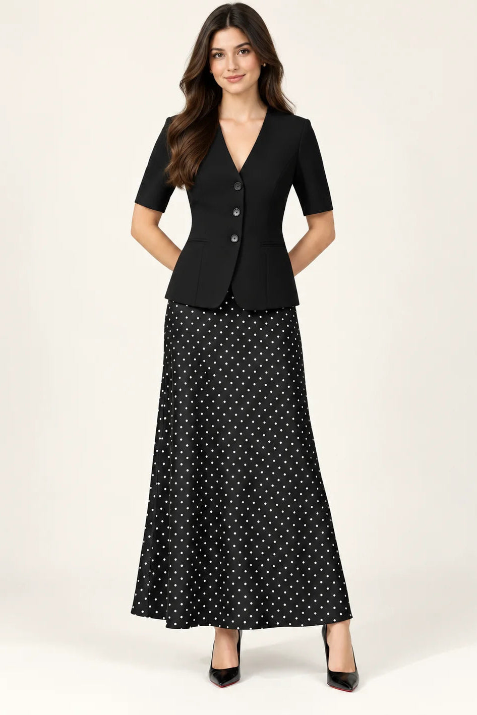 Selóra Satin Maxi Skirt for Women- Black Polka Dot