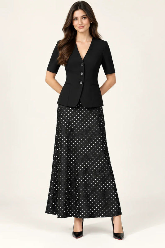 Selóra Satin Maxi Skirt for Women- Black Polka Dot