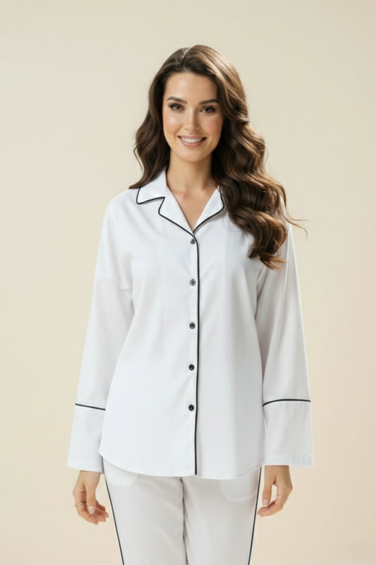 White Cotton Night Suit with Contrast Piping